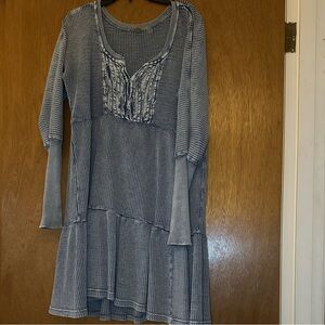 Free People Blue Embellished 3/4 Bishop Sleeve Dress